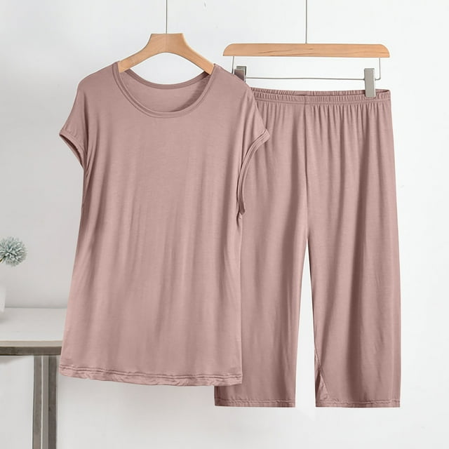 TMOYZQ Modal Pajama Sets for Women 2 Piece Oversized Baggy Crew Neck Cap Sleeve Tops with Capri Pant Sleepwear Solid Color Casual Cozy Loungewear Set