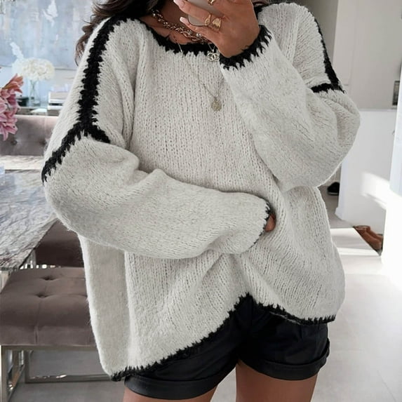 TMOYZQ Oversized Sweaters for Women Loose Fit Long Sleeve Crew Neck Pullover Tops Casual Color Blocking Knit Blouse Fall Winter Clothes on Clearance