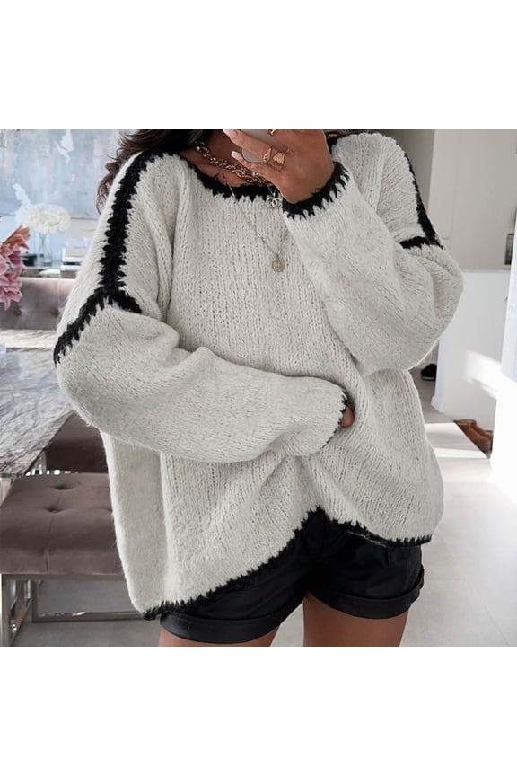 Oversized Sweaters for Women Loose Fit Long Sleeve Crew Neck Pullover Tops Casual Color Blocking Knit Blouse Fall Winter Clothes on Clearance