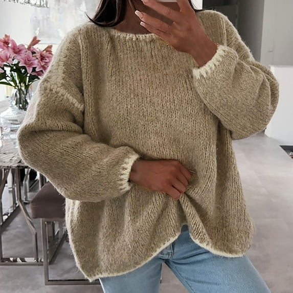 TMOYZQ Oversized Sweaters for Women Loose Fit Long Sleeve Crew Neck Pullover Tops Casual Color Blocking Knit Blouse Fall Winter Clothes on Clearance