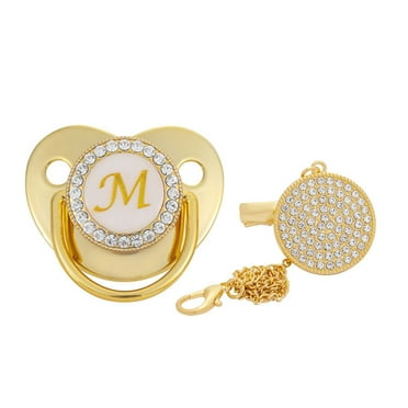 TMOYZQ Pacifier and Pacifier Clip Set for Baby, Infant 26 Letters Series Rhinestones Pacifier with Chain Clip, Silicone Nipple for Newborn, Universal Pacifier, Golden