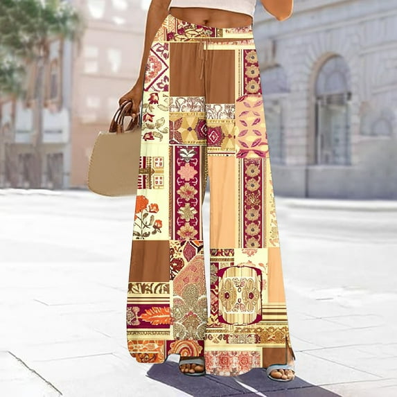 TMOYZQ Palazzo Pants for Women 2025, Elastic High Waisted Boho Casual Loose Wide Leg Pants Plus Size Print Baggy Lounge Trouser Pants on Clearance