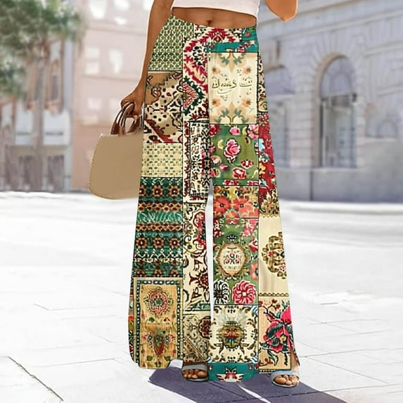 TMOYZQ Palazzo Pants for Women 2025, Elastic High Waisted Boho Casual Loose Wide Leg Pants Plus Size Print Baggy Lounge Trouser Pants on Clearance
