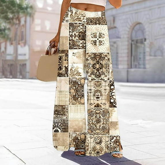 Cxenplz Palazzo Pants for Women 2025, Elastic High Waisted Boho Casual Loose Wide Leg Pants Plus Size Print Baggy Lounge Trouser Pants on Clearance