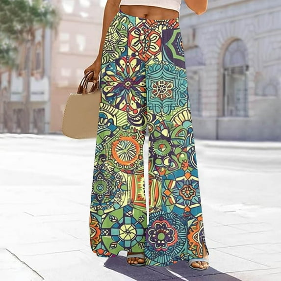 TMOYZQ Palazzo Pants for Women 2025, Elastic High Waisted Boho Casual Loose Wide Leg Pants Plus Size Print Baggy Lounge Trouser Pants on Clearance