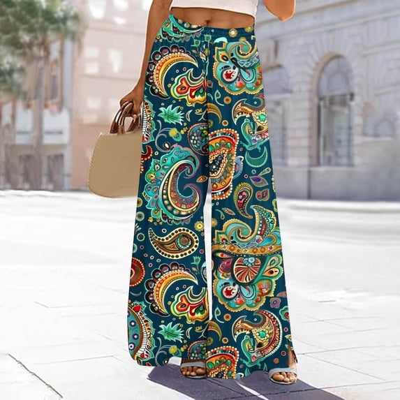 Cxenplz Palazzo Pants for Women 2025, Elastic High Waisted Boho Casual Loose Wide Leg Pants Plus Size Print Baggy Lounge Trouser Pants