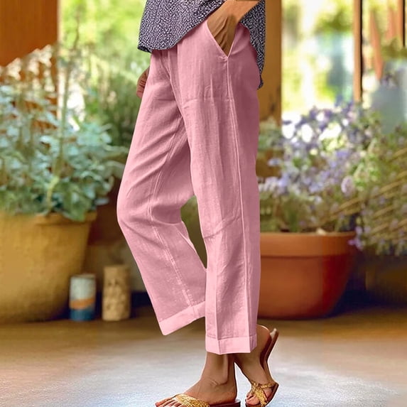 TMOYZQ Pants for Women Flowy Casual Elastic Waist Wide Leg Loose Cotton Linen Palazzo Pants Beach Vacation Outfit 2025 with Pockets