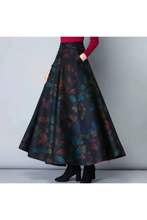 Pleated Skirt for Women, Womens Summer High Waist A Line Flared Midi Skirts with Pockets Casual Floral Printed Swing Skirts Cocktail Dresses for Women Evening Party