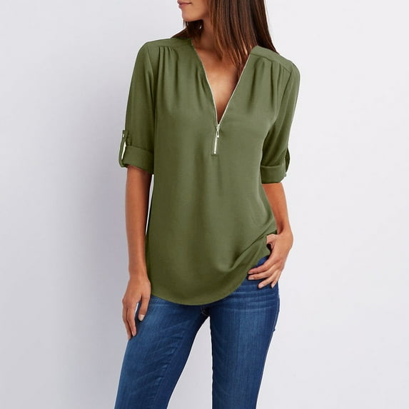 TMOYZQ Plus Size Long Sleeve Chiffon Shirt for Women, Women's Office Casual Business Blouses Zipper Roll Up Sleeve Work Tops, V Neck Solid Color Tunic Shirts Soft Comfort Loose Tee