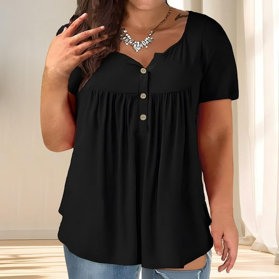 TMOYZQ Plus Size Tops for Women Summer 2025 Short Sleeve Shirts Tunics Square Neck Casual Loose Blouses L-5XL