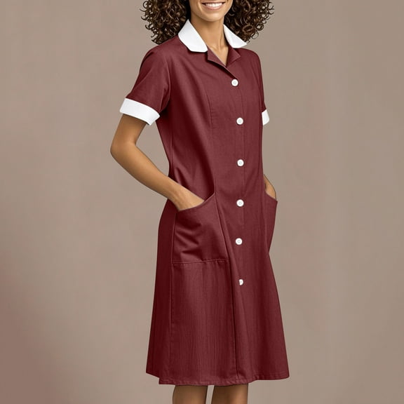 Cxenplz Scrub Dress for Women Fitted Midriff Dress Solid Color Button Splicing Lapel Caregiver Dress Nurse Dress Work Midi Dress with Pockets
