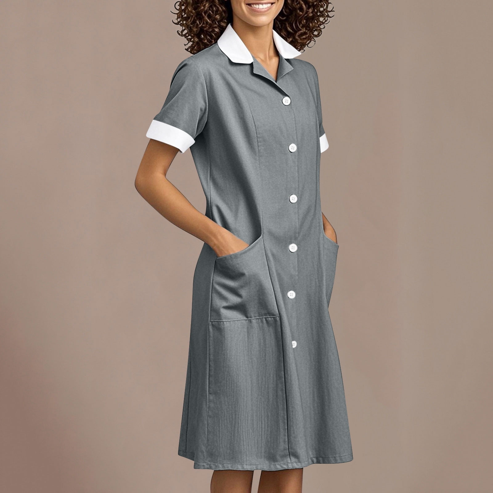 Cxenplz Scrub Dress for Women Fitted Midriff Dress Solid Color Button Splicing Lapel Caregiver Dress Nurse Dress Work Midi Dress with Pockets, Women's Cxenplz Scrub Dress for Women Fitted Midriff Dress Solid Color Button Splicing Lapel Caregiver Dress Nurse Dress Work Midi Dress with Pockets, Women's