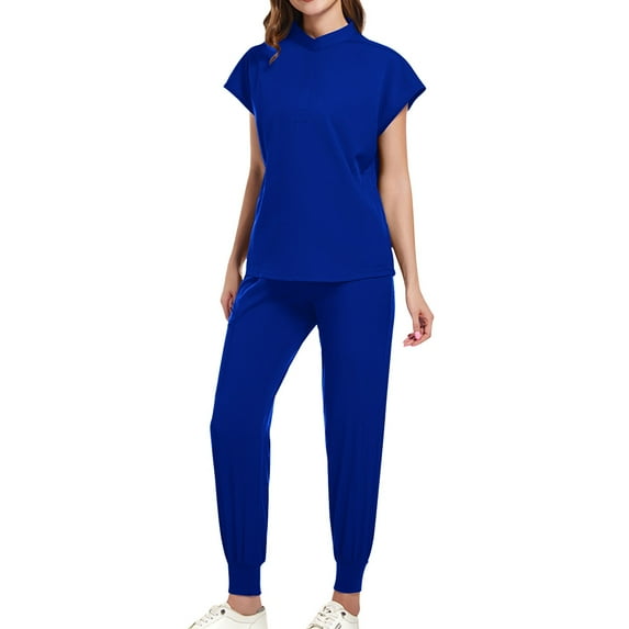 TMOYZQ Scrub Sets for Women 2 Piece Scrub Outfits Casual Cap Sleeve Scrub Tops and Long Pants Sets Nurse's Uniform Lounge Set Working Sets