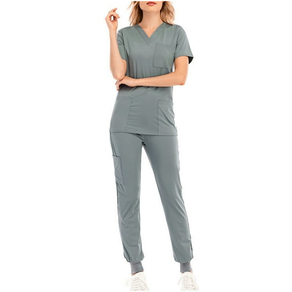TMOYZQ Scrubs Medical Uniform Women and Man Scrubs Set Short Sleeve V Neck Top with Pockets and Pants on Sale Clearance 2024