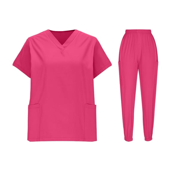 TMOYZQ Scrubs for Women Set V-Neck Top Drawstring Jogger Scrub Pants Stretch Nursing Scrubs Set Uniform with Large Pockets