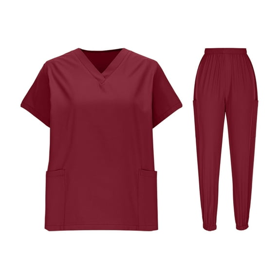 TMOYZQ Scrubs for Women Set V-Neck Top Drawstring Jogger Scrub Pants Stretch Nursing Scrubs Set Uniform with Large Pockets