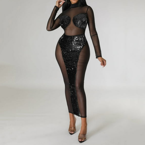 TMOYZQ Sequin Dresses for Women Party Night See Through Glitter Bodycon Dresses Cocktail Homecoming Dresses Slim Fit Wedding Guest Dresses