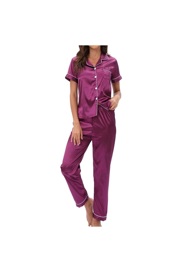 Silk Satin Pajamas Set for Women, Two-Piece Nightwear Short Sleeve Tops & Long Pants Sets Sleepwear Soft Comfy Button Down Loungewear Pjs Set
