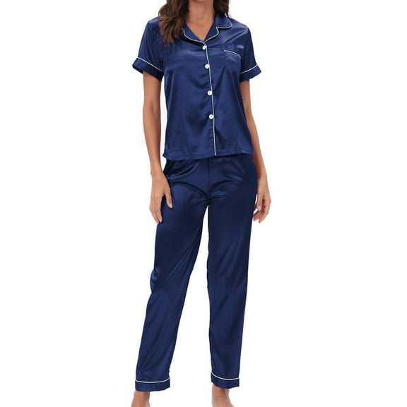 TMOYZQ Silk Satin Pajamas Set for Women, Two-Piece Nightwear Short Sleeve Tops & Long Pants Sets Sleepwear Soft Comfy Button Down Loungewear Pjs Set