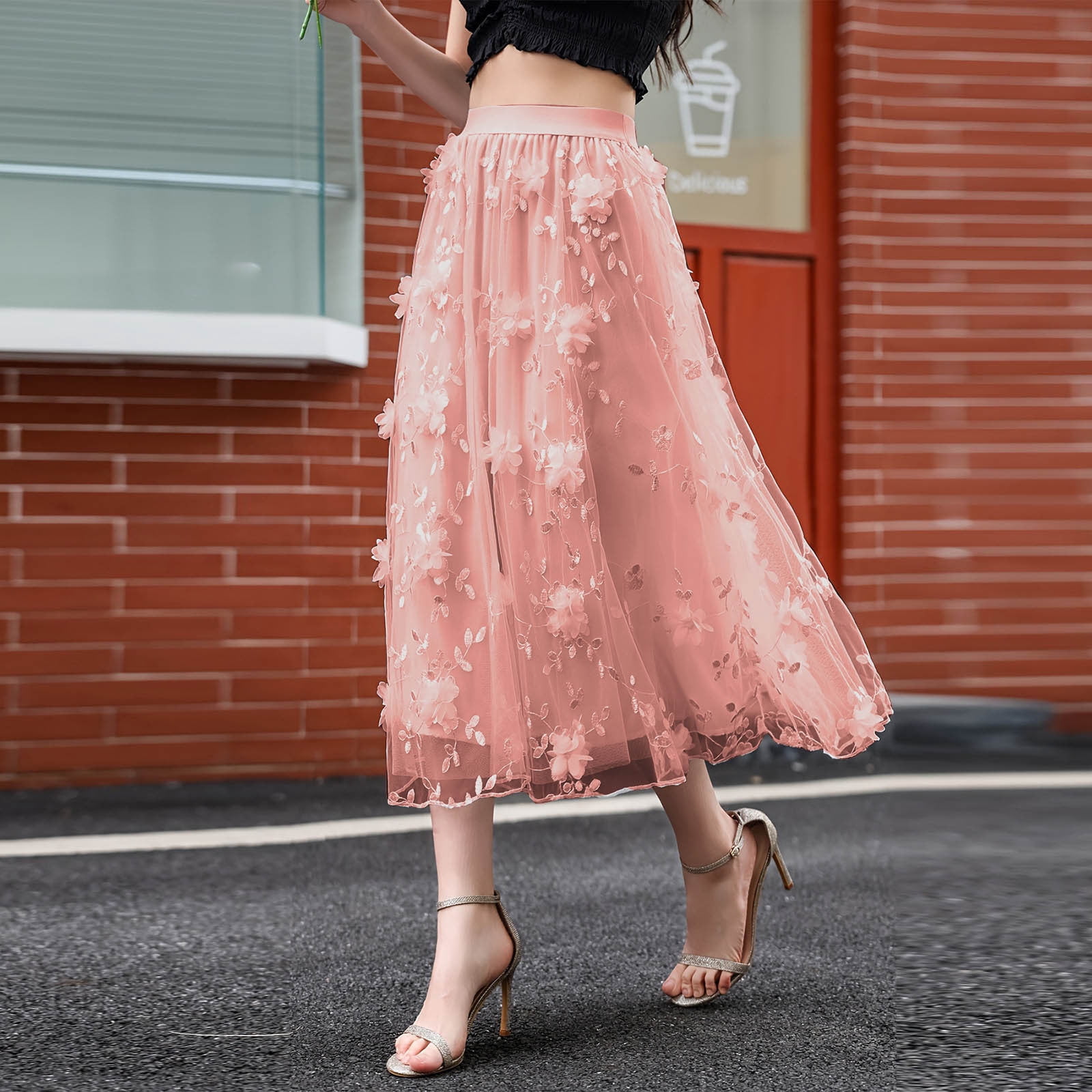 TMOYZQ Skirts for Women High Waist Layered 3D Mesh Flower