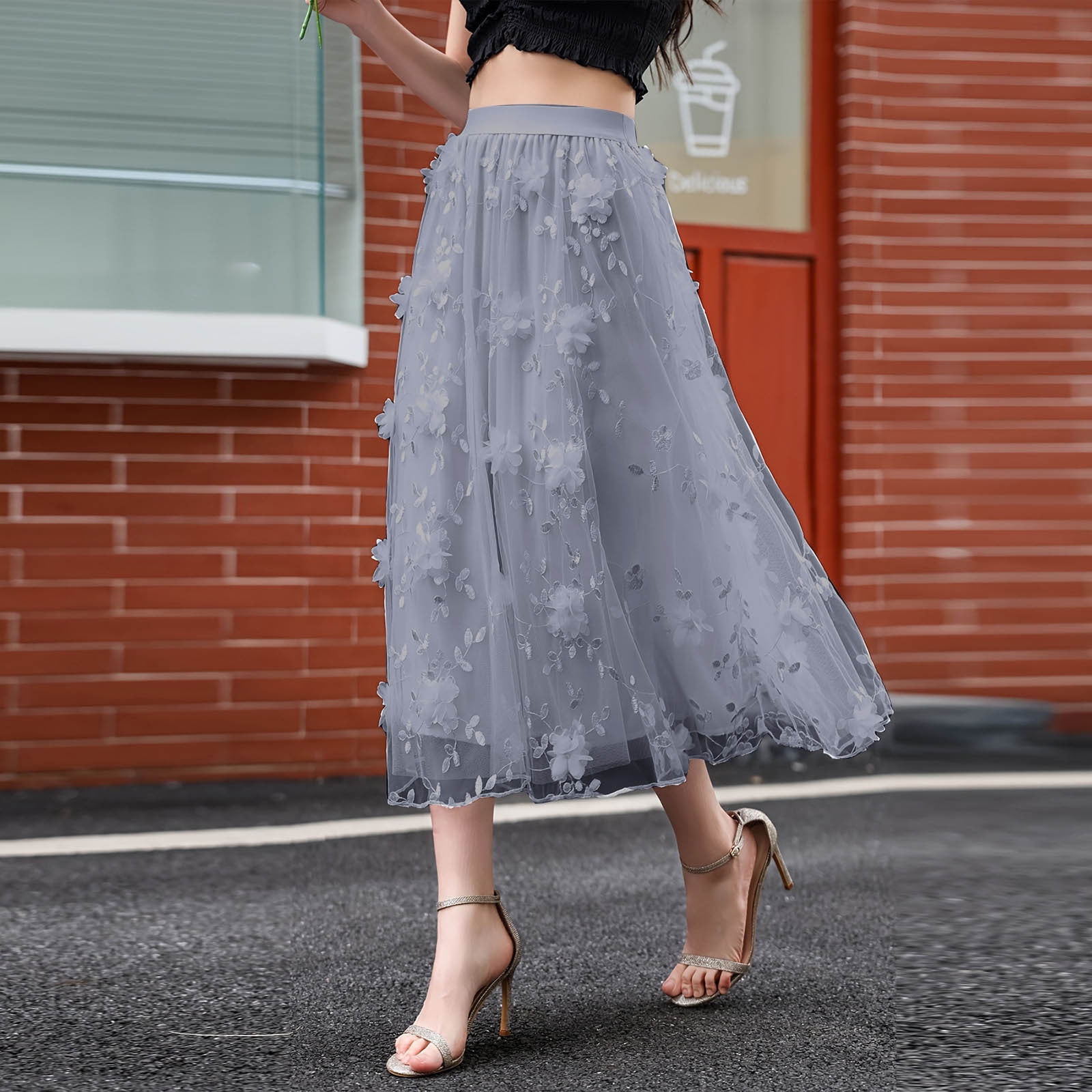 TMOYZQ Skirts for Women High Waist Layered 3D Mesh Flower