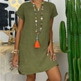 thumbnail image 1 of TMOYZQ Summer Clearance Sale! Womens Plus Size Summer Holiday Mini Dress Casual Cotton And Linen T-Shirt Dresses Loose Plain Dress V Neck Short Sleeve Beach Party Sun Dress, S-5XL, 1 of 5