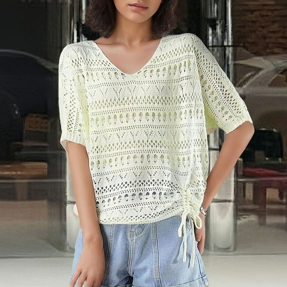 Cxenplz Summer Crochet Tops for Women 2025 Short Sleeve V Neck Hollow Out Knit Beach Cover Up Casual Sweater Tops