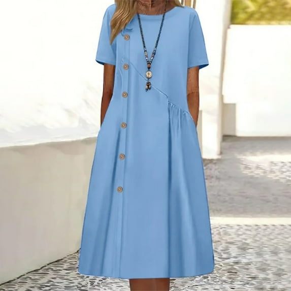 TMOYZQ Summer Dresses for Women 2024 Solid Color Crew Neck Button Short Sleeve T-Shirt Dress Loose Fit Casual Sun Dress with Pocket
