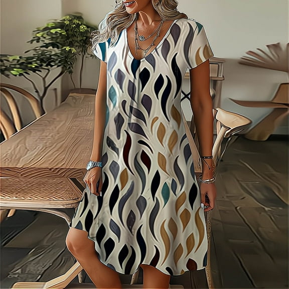 TMOYZQ Summer Dresses for Women 2024 V-Neck Short Sleeve Flowy Mini Dress Boho Flower Printed Casual Loose Fit T-Shirt Dress