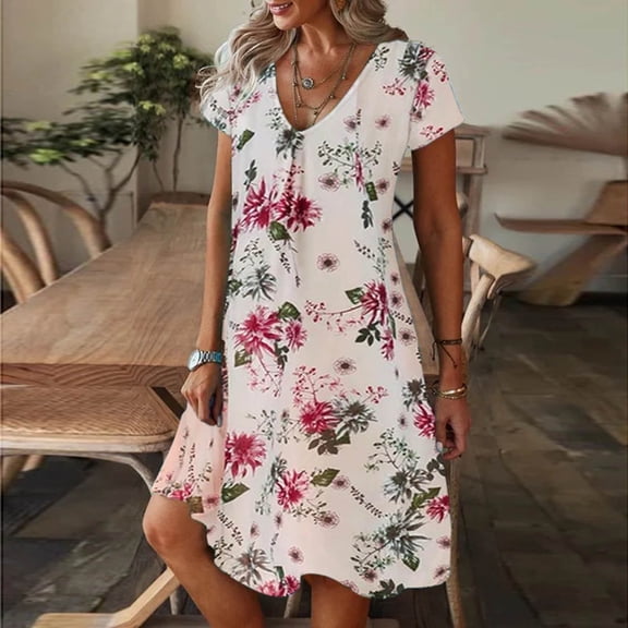 TMOYZQ Summer Dresses for Women 2024 V-Neck Short Sleeve Flowy Mini Dress Boho Flower Printed Casual Loose Fit T-Shirt Dress