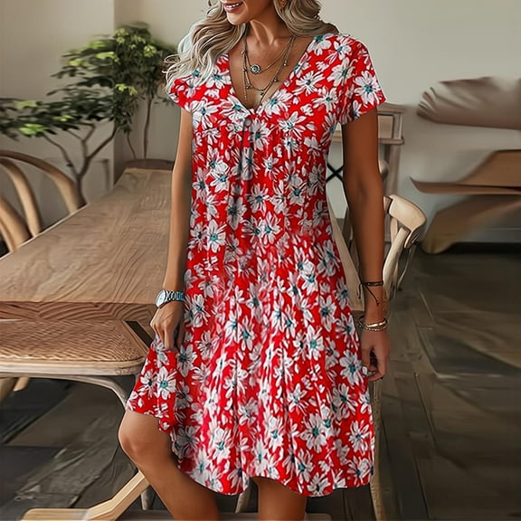 TMOYZQ Summer Dresses for Women 2024 V-Neck Short Sleeve Flowy Mini Dress Boho Flower Printed Casual Loose Fit T-Shirt Dress