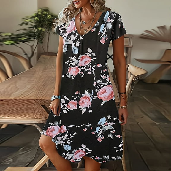 TMOYZQ Summer Dresses for Women 2024 V-Neck Short Sleeve Flowy Mini Dress Boho Flower Printed Casual Loose Fit T-Shirt Dress