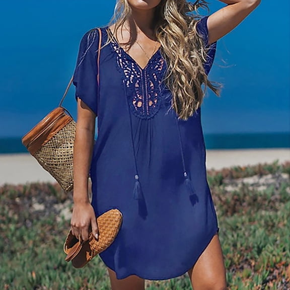 TMOYZQ Swimsuit Coverup for Women Cut Out Lace Crochet V Neck Bathing Suit Cover Up Dress Beach Cover Ups for Bikini Swimwear
