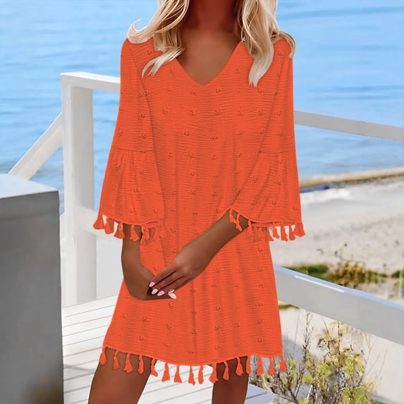 TMOYZQ Swimsuits Coverups for Women 2025 Summer Dress Polka Dot V-Neck Bell Sleeve Sundress Casual Loose Flowy Mini Dress