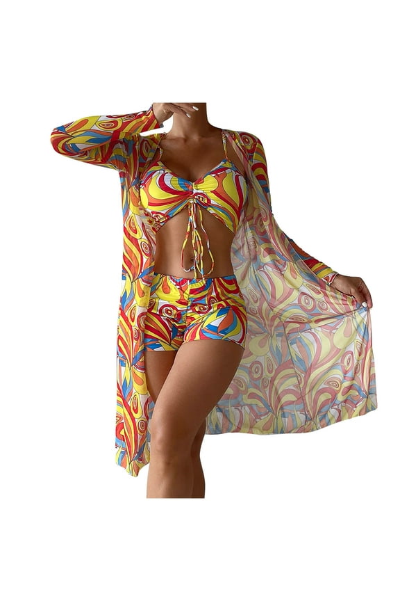 Tankini Swimsuits for Women 3 Piece Boho Drawstring Bikini Set Boy Shorts Summer Beach Bathing Suit with Chiffon Beach Cover Ups