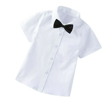 TMOYZQ Toddler Boys Casual Short Sleeve Button Down Woven Dress Shirts Formal School Uniform with Matching Bow Tie and Chest Pocket for 2-14 Years Old Kids