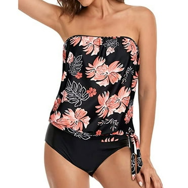 TMOYZQ Two Piece Bandeau Tankini Swimsuits for Women Loose Blouson Swim Top with Bikini Bottom Tummy Control Bathing Suit with Detachable Strap