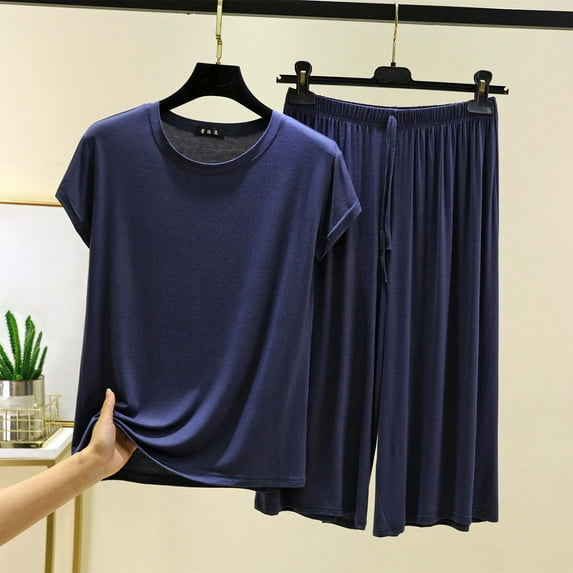 TMOYZQ Two Piece Sets for Women Casual Travel Vacation Outfits Summer Wide Leg Crop Pants Lounge Sets