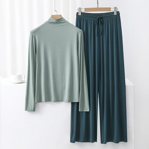 TMOYZQ Two Piece Sets for Women Summer Outfits Lounge Sets Mock Neck Long Sleeve Tops Wide Leg Crop Pants Vacation Travel Outfits