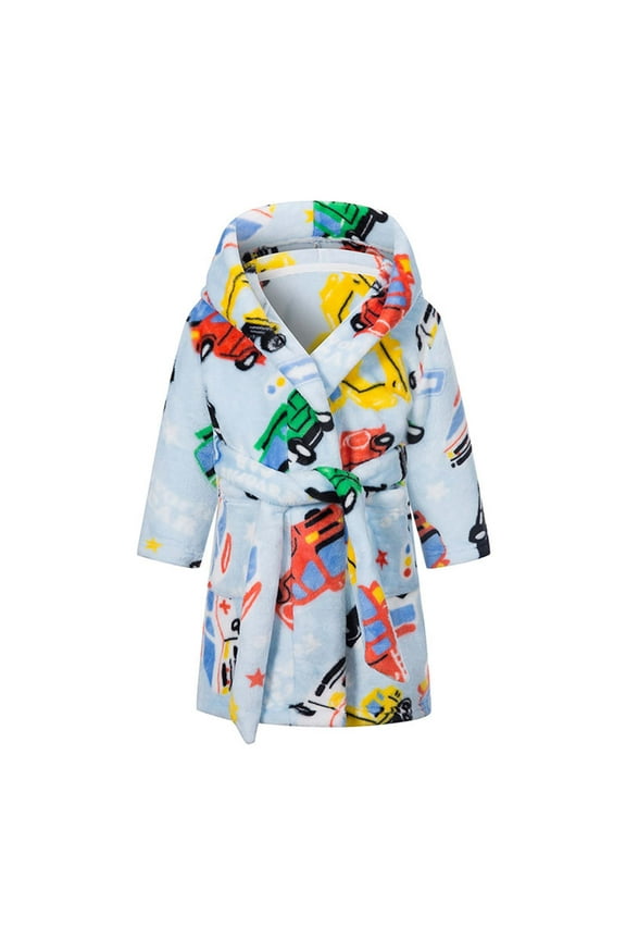 Unisex Toddler Baby Soft Warm Flannel Hooded Bathrobe Cute Print Kids Plush Robes with Belt Housecoat Sleepwear Dressing Gown for Boys Girls Gifts