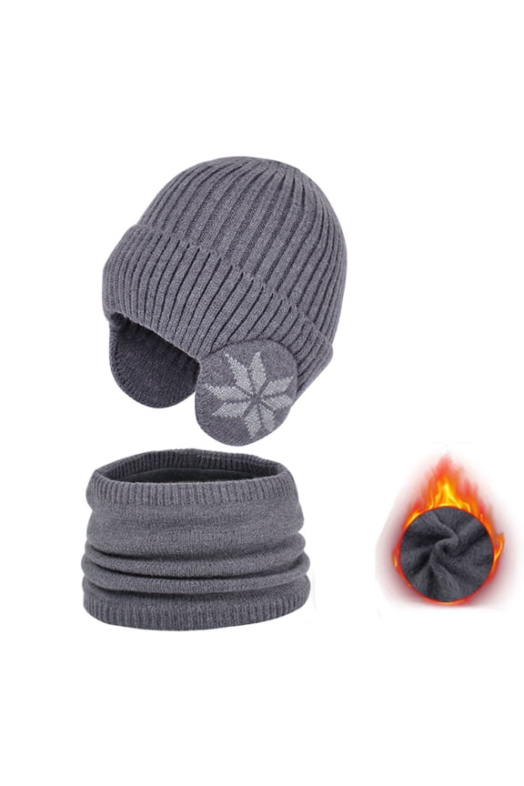 Unisex Toddler Kids Winter Hats Scarf Set, Ribbed Cable Knit Soft Warm Thick Fleece Lining Earflap Hats Skull Caps Neck Warmer Set for 4-10 Year Old Baby Girls Boys