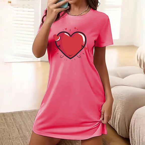 TMOYZQ Valentine's Day Nightgown for Women Love Heart Pattern Print Short Sleeve Nightgowns Nighties Summer Spring Loungnwear Mini Dresses