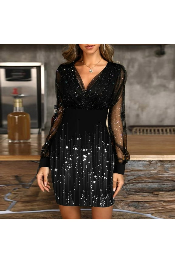 Wedding Guest Dresses for Women Lace Mesh Long Sleeve V-Neck Bodycon Mini Dress Sequin Printed Slim Fit Evening Party Dress