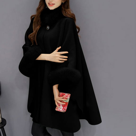 TMOYZQ Winter Coat Women's Cape Jacket Ladies Bat Sleeve Warm Cape Overcoat Long Cloak Outwear Casual Open Front Shawls on Sale Clearance
