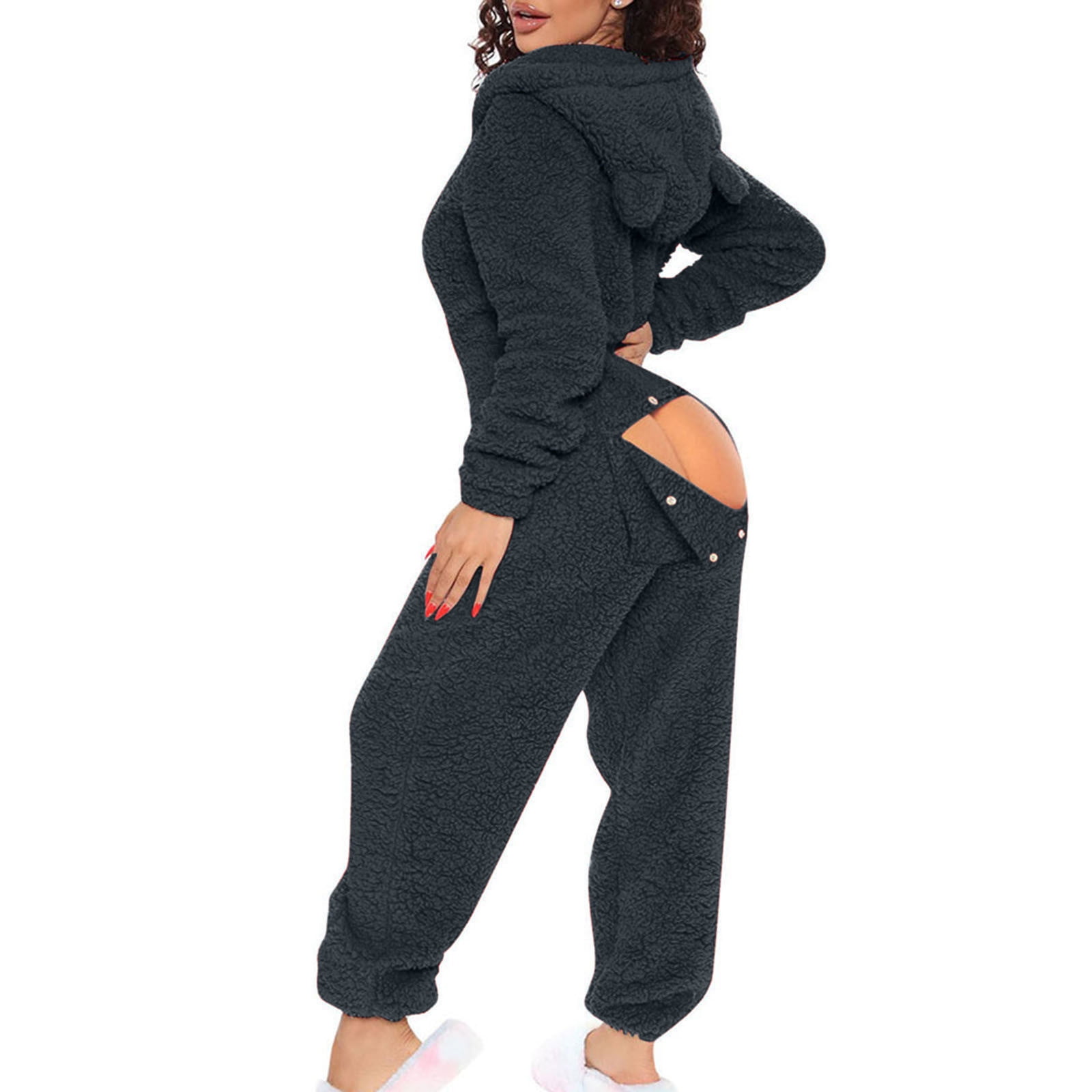 TMOYZQ Winter Fleece Hooded Onesies Adult for Women, Winter Warm Butt Flap  One Piece Jumpsuit Zip Up Cute Ear Thermal Pajamas Romper Bodysuit ...