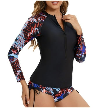 TMOYZQ Women 2 Piece Swim Suits Long Sleeve Half Zip Up Sun Guard with Built in Bra Swimsuits Print UPF 50+ Swim Shirt with Boyshort Bottom