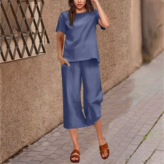TMOYZQ Women Capris 2 Piece Outfits Summer Casual Matching Set Short Sleeve T Shirts and Capri Pant Loungewear