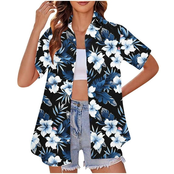 TMOYZQ Women Hawaiian Shirt Soft Cool Summer Hawaii Shirts Floral Tropic Print V Neck T-Shirt Short Sleeve Beach Button Up Tops