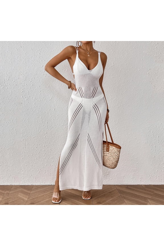 Women Swimsuit Cover Up Crochet Hollow Out Coverups Spaghetti Strap Sleeveless Knit Beach Dress