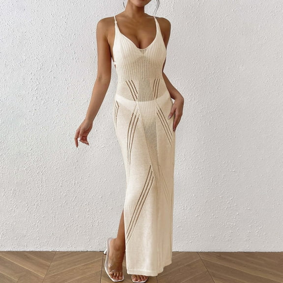 TMOYZQ Women Swimsuit Cover Up Crochet Hollow Out Coverups Spaghetti Strap Sleeveless Knit Beach Dress